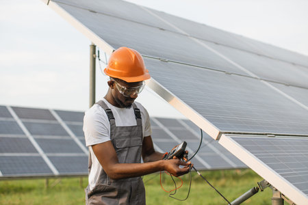 Professional technician in uniform using multimeter while checking voltage in solar panels. African american controlling production of green energy on station.の写真素材