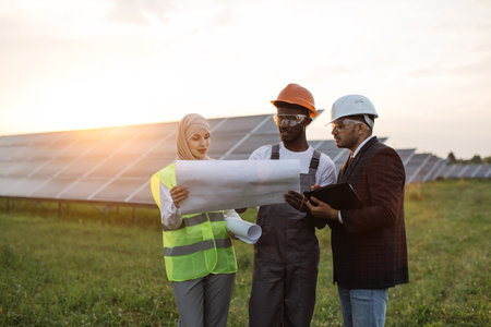 Group of multi ethnic people in safety helmet standing among solar farm and looking on blueprints. Competent engineers discussing details of project. Ecology and green energy concept.の写真素材