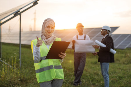 Woman in hijab holding clipboard and showing thumb up while standing outdoors among solat panels....