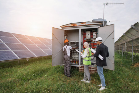 African american electrician in safety helmet and glasses checking voltage levels of solar panels in...