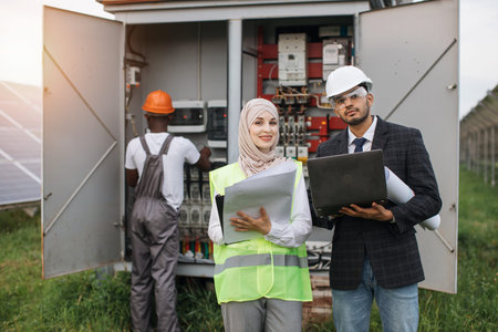 Muslim woman in hijab and indian man in suit using laptop and clipboard during discuss at solar...