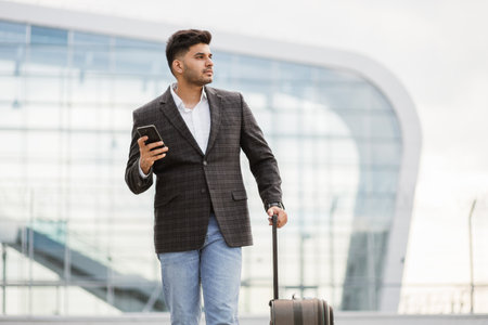 Young handsome male Indian businessman in formal jacket, standing near modern building and texting on smartphone outdoors. Arab man speaking on the phone outsideの写真素材