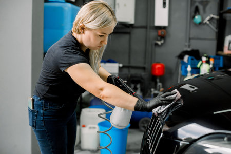 Pretty young female worker of car wash and detailing service, performing cleaning of car radiator...