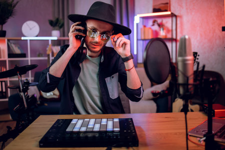 Bearded man in black hat and eyeglasses recording music at home studio using dj controller,...