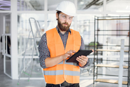 Bearded engineer in protective helmet and glasses using digital tablet on building project. Concept...