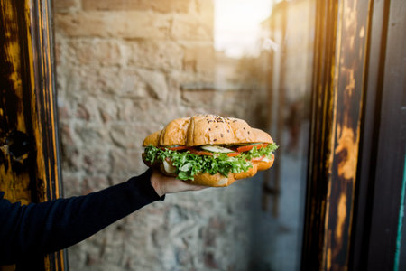 hand showing croissant with fresh lettuce and vegetables on background of gray wall in city cafe.