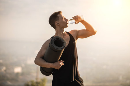 Young and healthy Caucasian man in sportswear holding yoga mat and drinking water after active...