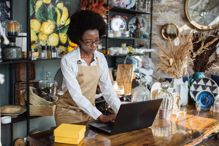 Competent saleswoman in beige apron using wireless laptop while working at shop with various decor. African woman sitting at counter and using modern gadget.の写真素材