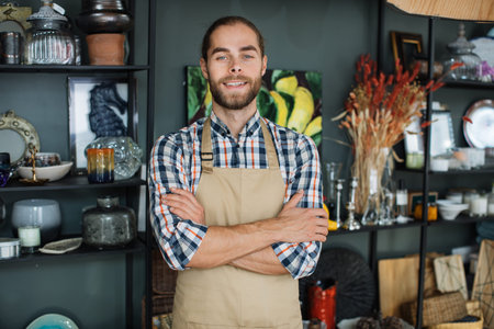 Portrait of pleasant bearded man in beige apron standing with crossed hands at modern store....