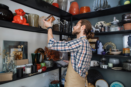 Happy bearded man checking store assortment with digital tablet in hands. Caucasian seller in apron...