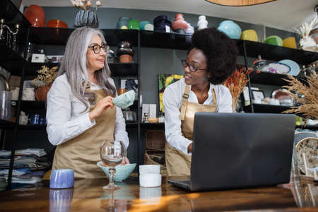 Two saleswomen of different age and race counting goods at decor shop using modern laptop. Concept of people, technology and inventory.の写真素材