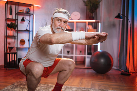 Serious grey haired man doing squats at home during evening time. Senior male in sport clothes and headband exercising alone at living room. Domestic workout. Close upの写真素材