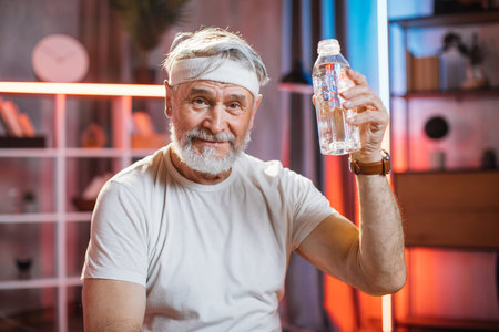 Portrait of positive grey haired man wearing sport clothes holding bottle of water. Senior man...