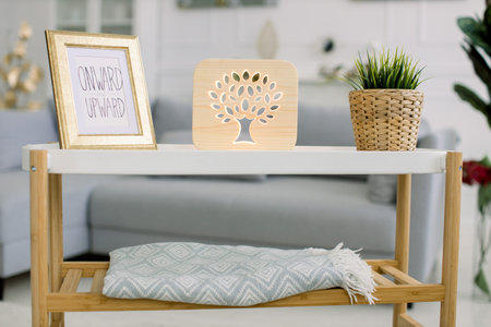 Cozy stylish home decor in interior of living room with gray sofa. Trendy coffee table with photo...