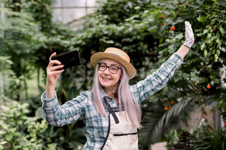 Pleasant positive joyful elderly woman gardener, posing in beautiful greenhouse with exotic plants and palm trees while making selfie photo or video vlog for her followers using her smartphone.の写真素材