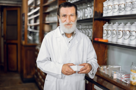 Close up portrait of smiling bearded senior Caucasian man pharmacist, posing in vintage drugstore...