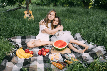 Two cute little sisters in summer dress sitting on checkered blanket and hugging. Happy girls having picnic with tasty cupcakes and various fresh fruits. Family and relaxation concept.の写真素材