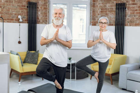 Portrait of senior couple in activewear standing on yoga mat on one leg and keeping namaste hands. Retired man and woman practising vrksasana pose at home.の写真素材