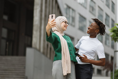 Attractive woman in hijab holding digital smart phone for taking selfie standing near her african...