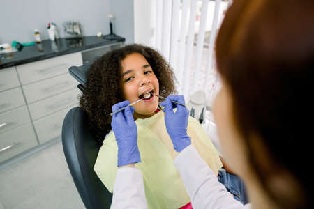 Close-up of cute curly mixed raced girl with open mouth during oral checkup at the dentist. Young female Caucasian dentist in latex gloves, making teeth examination with tools.の写真素材