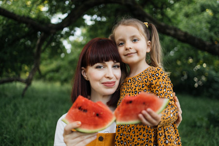 Close up view of happy caucasian mother and her cheerful daughter eating watermelon in summer day outdoor in green park. Vacation and mothers day concept.の写真素材