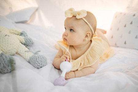 Happy little girl infant in yellow dress and bow on her head on a bed in white bedroom near the bright window. Cute baby girl lying on bed on white bedding, smiling. The concept of baby products.の写真素材