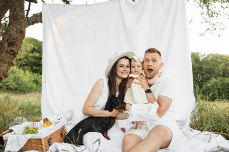 Positive married couple sitting with their dog and cute little daughter on white blanket with...
