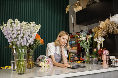 Portrait of attractive woman florist working on tablet at workplace. Concentrated female sitting at...