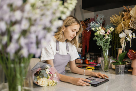 Portrait of attractive woman florist working on tablet at workplace. Concentrated female sitting at counter in floral store and typing on digital tablet.の写真素材