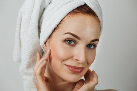 Portrait of beautiful caucasian woman with healthy skin in towel posing over grey studio background....