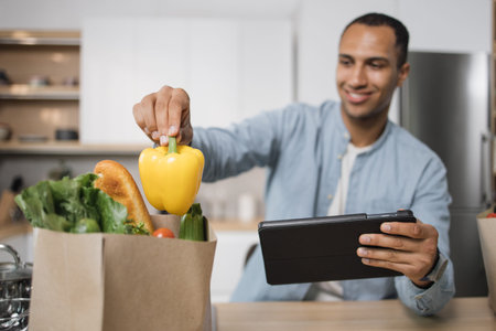 Focus on hand of blurred indian man in kitchen taking yellow pepper from grocery shopping bag full of fresh healthy food vegetables lying on new modern kitchen table at home.の写真素材