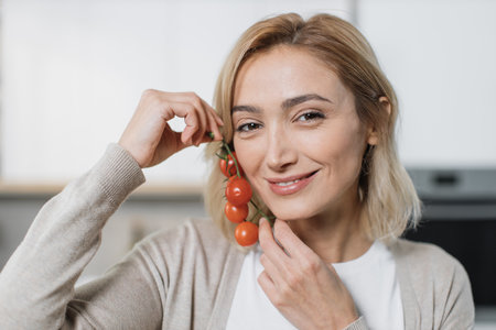 Close up of blond woman face in casual clothes holding in hands cherry tomatoes on modern bright home kitchen background. Beauty portrait of smiling female model with perfect skin.の写真素材