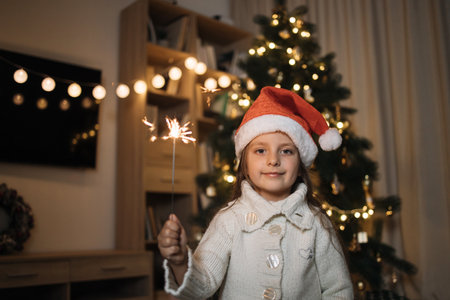Close up view portrait of lovely cute little girl in warm knitted white sweater and santa hat holding sparklers in front of decorated Christmas tree, looking at camera.の写真素材