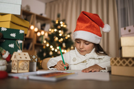 Letter for Santa. Cute little caucasian girl in red hat sitting at table and writing wish list of presents for Christmas in decorated room.の写真素材