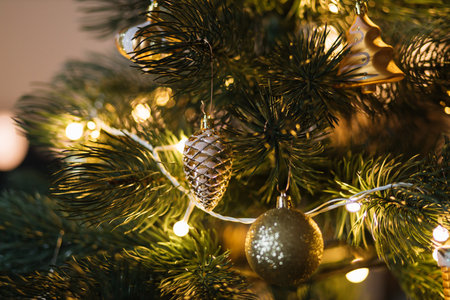 Beautiful green Christmas tree decorated with balls and garlands. Close-up slowmo video. Sparkling background.の写真素材