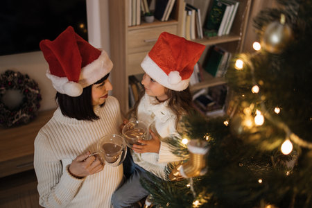 High angle view portrait of beautiful young caucasian mother and her cute little daughter in santa hat drinking hot cocoa or chocolate from cups near decorated Chritmas tree.の写真素材