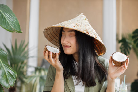 Fashion. Asian woman in summer clothes with coconut in tropical nature background. Beautiful smiling girl holding coconut halves with natural palm leaves on background. Beauty, health skin concept.の写真素材