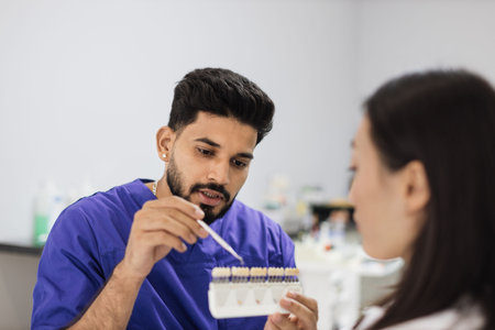 Bearded confident male dentist checking and selecting color of young woman teeth indoors in modern hospital. Dentist choosing color of filling from palette.の写真素材