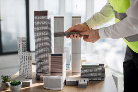 Cropped view of hands of engineer working on building complex prototype project of residential or business district, measuring city model using ruler at office with panoramic windowsの写真素材