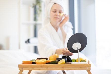 Beautiful young woman in after-shower outfit putting anti-aging gel patch under eye with help of cosmetic mirror placed on tray table in bedroom. Rejuvenating eye pad masks fighting skin dryness.の写真素材