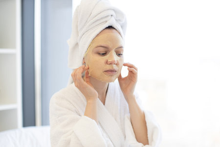 Attractive calm woman in after-shower outfit touching cosmetic mask fixed on face while relaxing in...