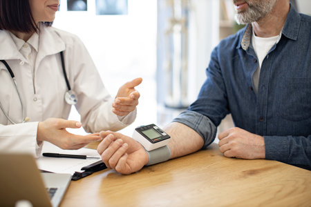 Crop of doctor and patient having talk about diagnosis and medical checkup in modern clinic hospital. Attentive man with electronic display on hand listening attentively to female physician.の写真素材