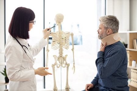 Side view of pretty lady in lab coat speaking to handsome man in cervical collar with human skeleton...