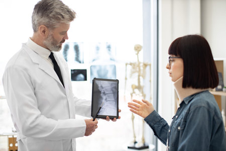 Confident mature man in lab coat holding digital tablet while young lady in cervical collar sitting...