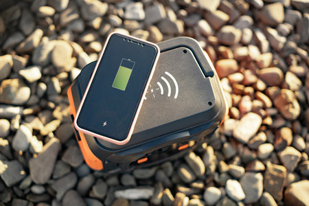 Portable digital device with green battery status on screen placed on multitasking power station outside buildings. Cordless charging of mobile phone fixing problems of location and cable chaos.の写真素材