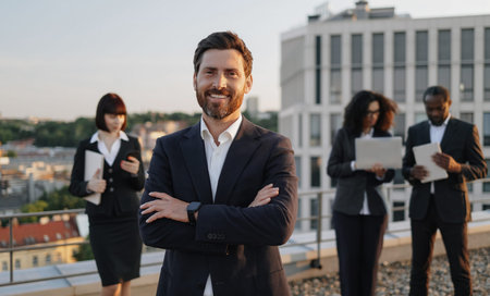 Portrait of confident bearded executive in business attire posing on camera with crossed hands and smiling. International colleagues of mixed nationality standing behind and operating modern gadgets.の写真素材