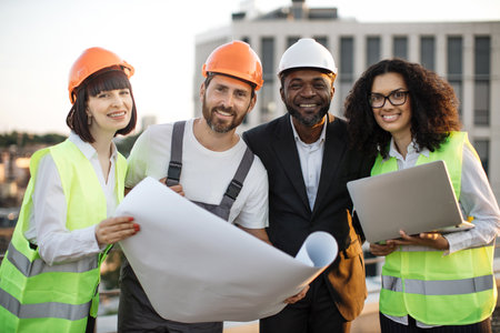 Portrait of multicultural group of developers posing on camera with portable gadget and blueprints. Four international colleagues in vests and hardhats smiling while meeting at panoramic terrace.の写真素材