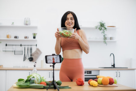 Stylish smartphone on stand capturing happy female in sports clothes showing bowl with nutritious dish. Attractive brunette lady sharing joy and pleasure of cooked meal with subscribers.の写真素材