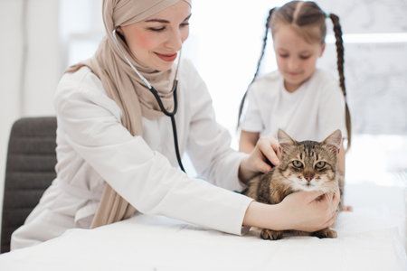 Skilled veterinary examining pet with little girl in clinicの写真素材