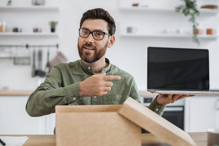 Male blogger doing unpacking of new portable laptop at home